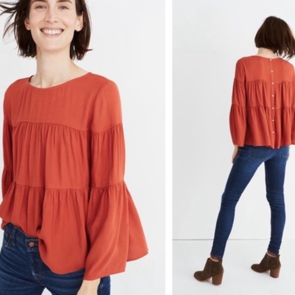 Madewell Tops - Madewell Tiered Button Back Blouse Rust Orange Size xs